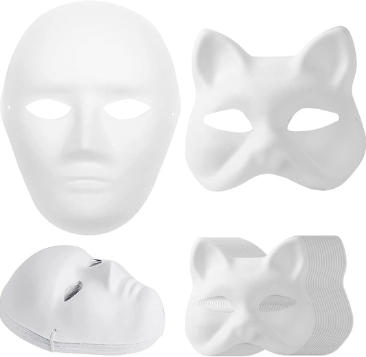 14-Pack Paper Mache Masks (2 Sizes) & 16-Pack Cat Mask White Blank for Party, Cosplay, Artistic Projects, Theater, Halloween, Masquerade Parties, Classroom Art