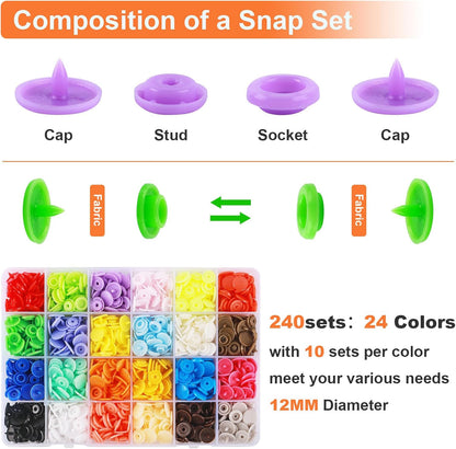 Snap Button Kit with Snaps Pliers, 240 Sets Plastic Snaps for Fabric, T5 Snap Buttons and Snappliers Set Starter Fastener Tool Kit for Sewing Clothing DIY Crafting (24 Colors)