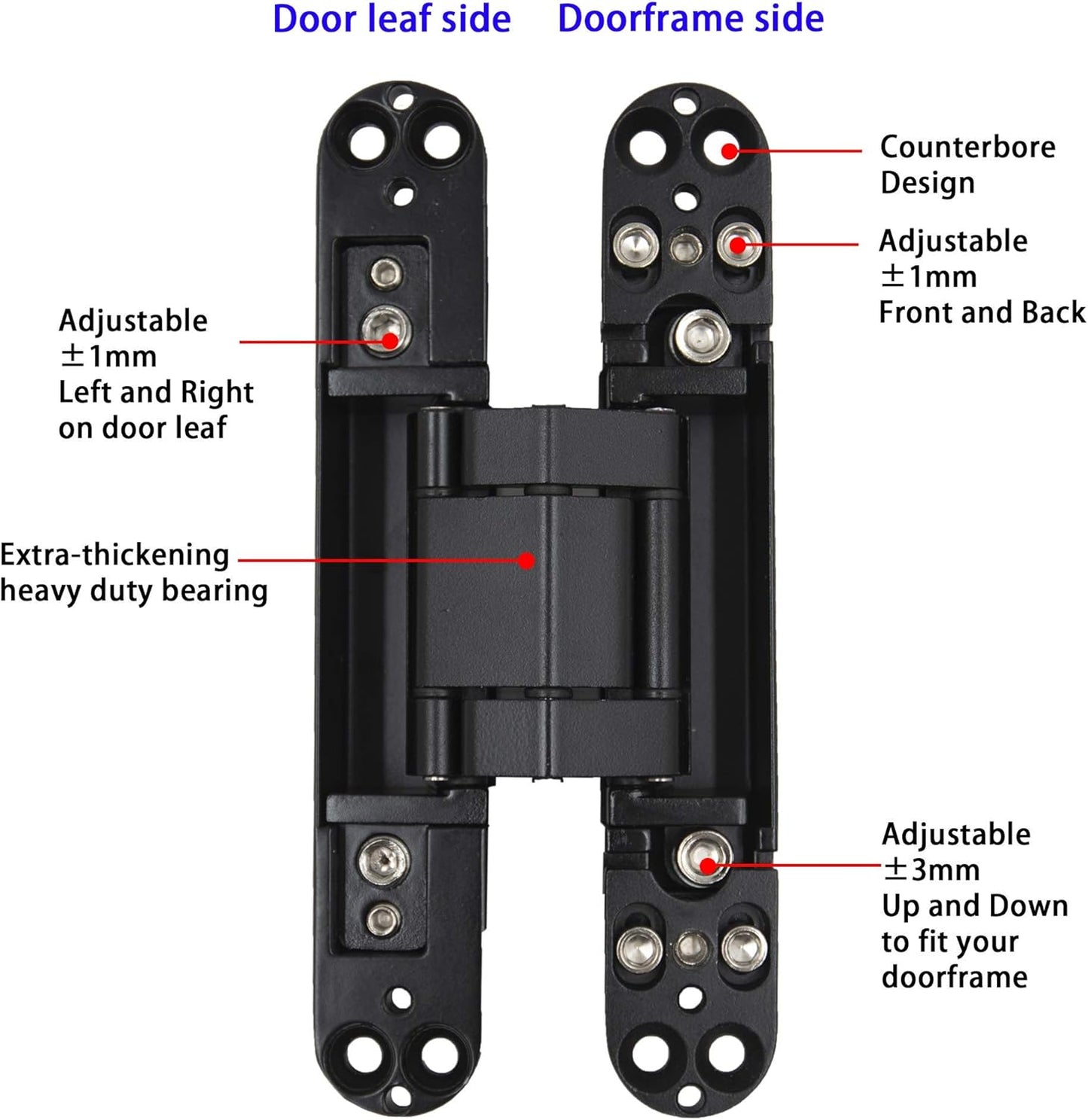 6inch Hidden Door Hinges Invisible Hinges Concealed Hinges Zinc Alloy 180 Degree Swing Hinge 3 Way Adjustable Butt Hinge 6 x 2.5 x 1 inch (Black Pack of 2)