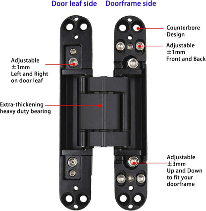 6inch Hidden Door Hinges Invisible Hinges Concealed Hinges Zinc Alloy 180 Degree Swing Hinge 3 Way Adjustable Butt Hinge 6 x 2.5 x 1 inch (Black Pack of 2)