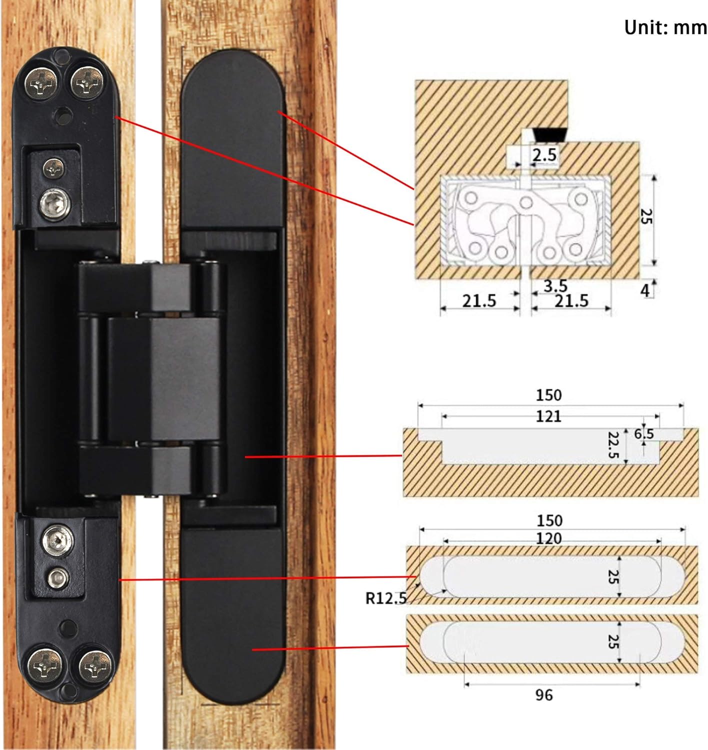 6inch Hidden Door Hinges Invisible Hinges Concealed Hinges Zinc Alloy 180 Degree Swing Hinge 3 Way Adjustable Butt Hinge 6 x 2.5 x 1 inch (Black Pack of 2)