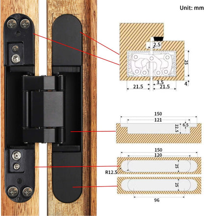 6inch Hidden Door Hinges Invisible Hinges Concealed Hinges Zinc Alloy 180 Degree Swing Hinge 3 Way Adjustable Butt Hinge 6 x 2.5 x 1 inch (Black Pack of 2)
