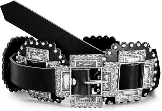 Women Western Concho Leather Belt Cowgirl Boho Belt Chunky for Dresses Concert Festival,Black,Fit Waist 23"-25"