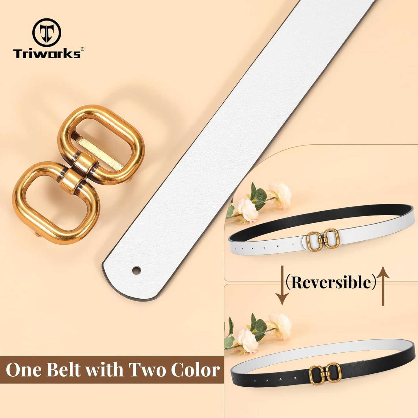 Reversible Leather Belt for Women with Gold Buckle Ladies Leather Belt for Jeans Pants