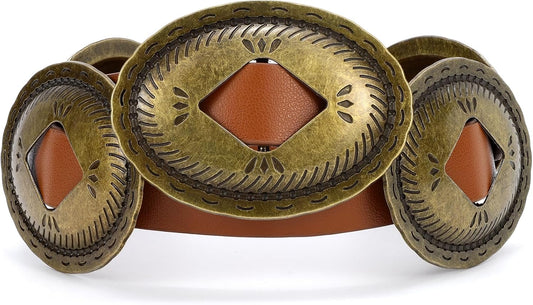 Western Belts for Woman Oval Concho Belt Cowgirl Belt Boho Disc Belt Buckle for Dress Jeans Country Concert Outfit