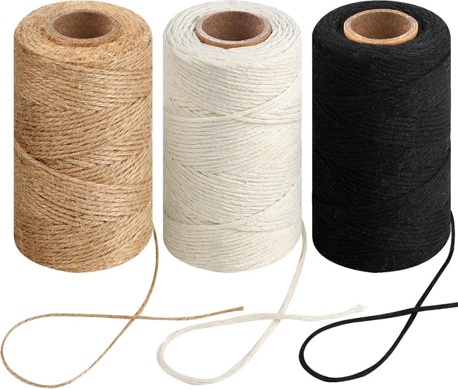 984 Ft Twine String, Natural Jute Twine, 2mm White Cotton Rope, 10ply Black Cotton for Crafts, Art, Gardening Plants, Gift Wrapping, Decoration, Packing String Bulk(3 Rolls) Hover Image