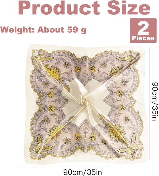 35” Large Square Head Scarf, 2PCS Satin Hair Scarves, Printed Hair Scarves, Silk Like Head Scarf for Women
