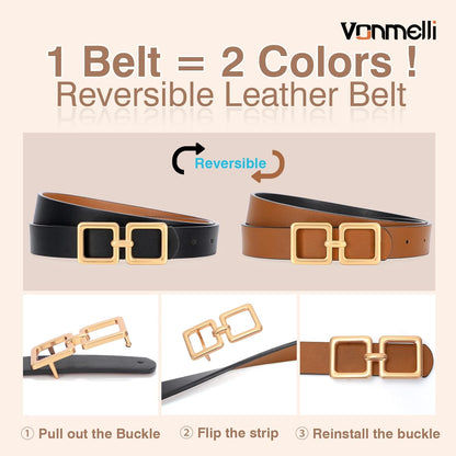 Reversible Leather Belt for Women Jeans Pants Fashion Ladies Belt for Dress with Gold Buckle