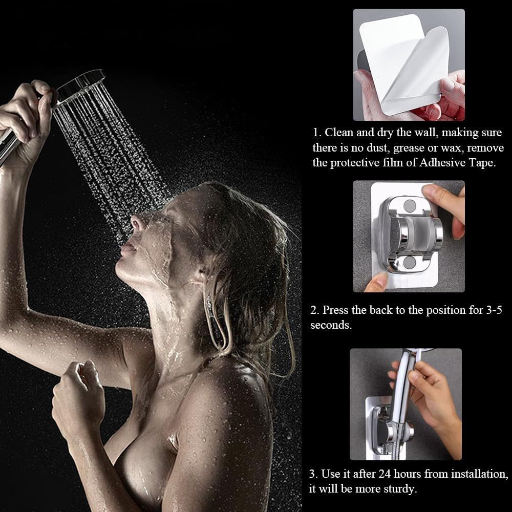 Shower Head Holder Shower Wand Holder Wall Mount Adhesive Adjustable Handheld Shower Holder No Drilling Shower Head Bracket, Silver