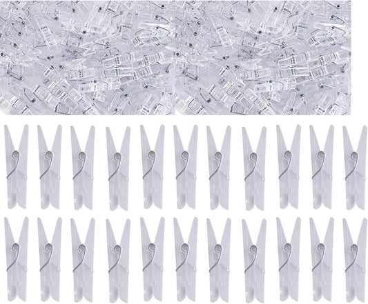 Yansanido 100pcs Mini Clear Plastic Utility Paper Clip, Clothespins Clips, Clothes Line String Clips, mini Clothes Pins for Photo for String Fairy Lights Color Clear(100pcs Clear Plastic Clips)