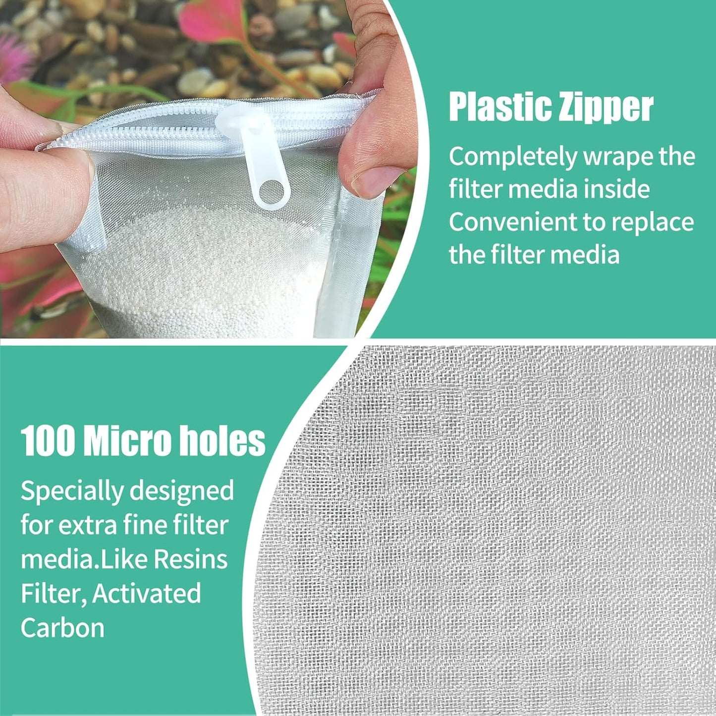 Aquarium Filter Media Bags 15pcs Fish Tank Extra Fine 100 Micron Mesh Bags with Plastic Zipper for Activated Carbon (3" x 4")