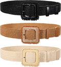 3 Pack Straw Woven Stretch Belt for Women,Raffia Elastic Belt for Dress Wide Boho Waist Belt with Square Buckle