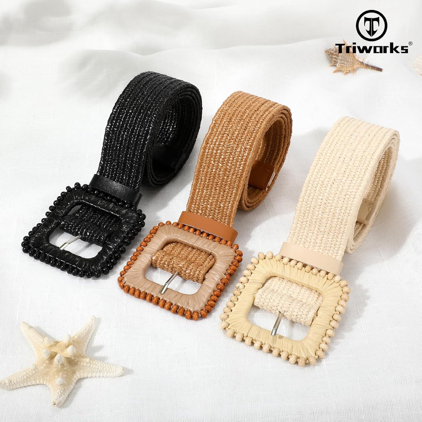 3 Pack Straw Woven Stretch Belt for Women,Raffia Elastic Belt for Dress Wide Boho Waist Belt with Square Buckle