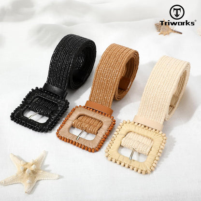 3 Pack Straw Woven Stretch Belt for Women,Raffia Elastic Belt for Dress Wide Boho Waist Belt with Square Buckle