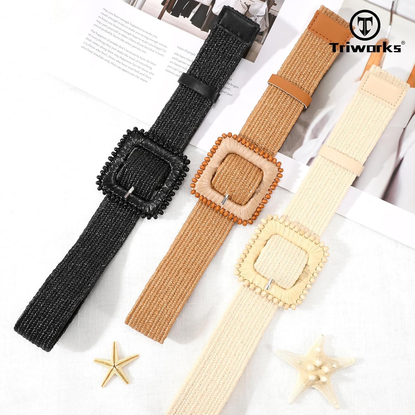 3 Pack Straw Woven Stretch Belt for Women,Raffia Elastic Belt for Dress Wide Boho Waist Belt with Square Buckle