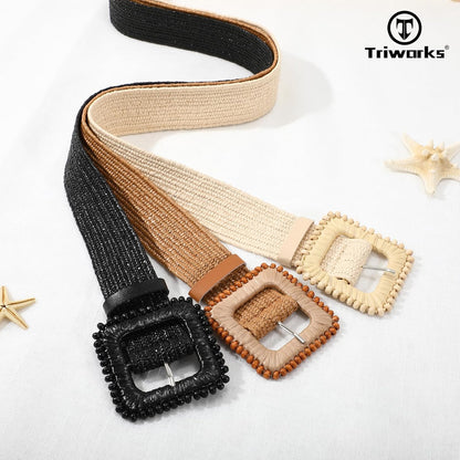 3 Pack Straw Woven Stretch Belt for Women,Raffia Elastic Belt for Dress Wide Boho Waist Belt with Square Buckle