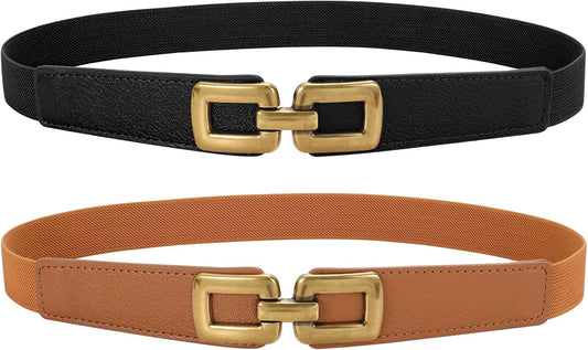 2 Pack Women Skinny Elastic Waist Belt for Dress Ladies Thin Stretch Belt with Gold Buckle