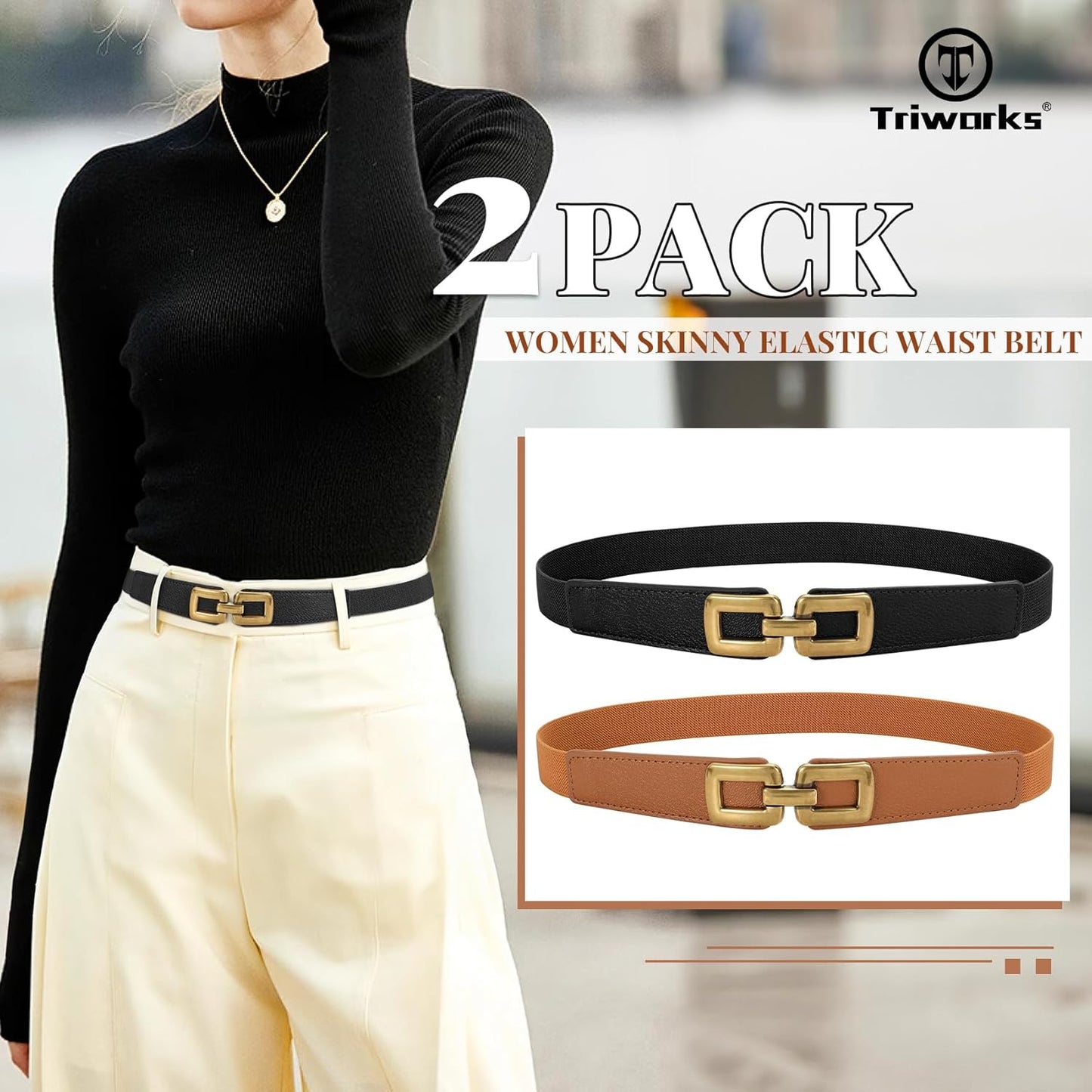 2 Pack Women Skinny Elastic Waist Belt for Dress Ladies Thin Stretch Belt with Gold Buckle
