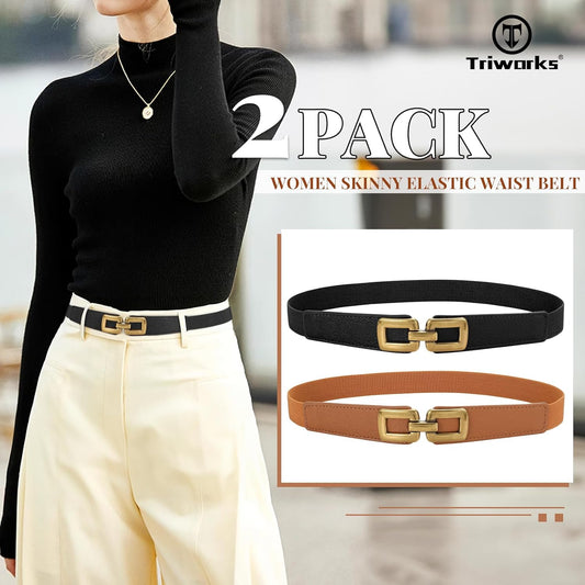 2 Pack Women Skinny Elastic Waist Belt for Dress Ladies Thin Stretch Belt with Gold Buckle
