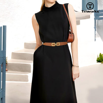 2 Pack Women Skinny Elastic Waist Belt for Dress Ladies Thin Stretch Belt with Gold Buckle