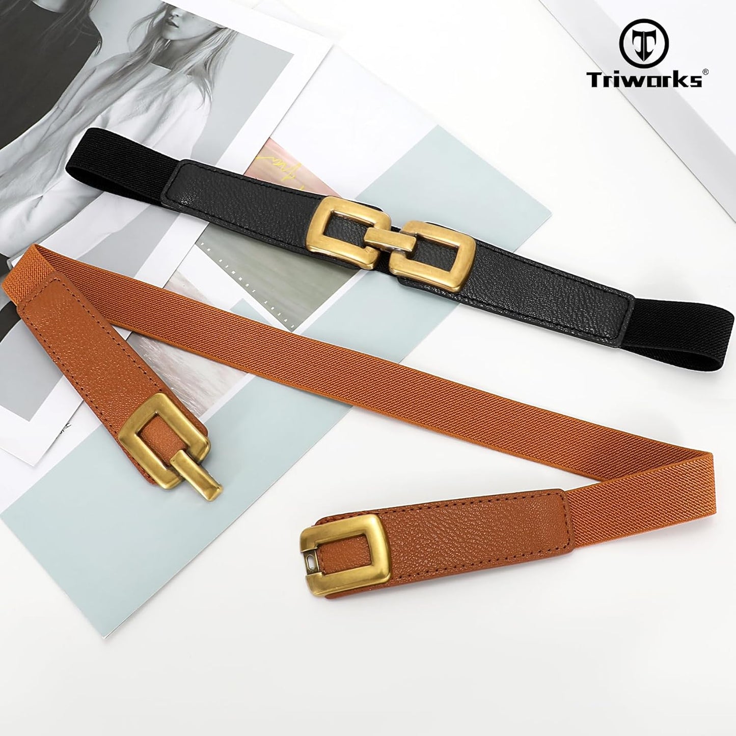 2 Pack Women Skinny Elastic Waist Belt for Dress Ladies Thin Stretch Belt with Gold Buckle