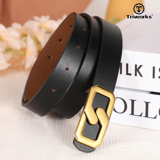 Women Reversible Leather Belt for Jeans, Ladies Waist Belt with Gold Buckle 0.9" Width