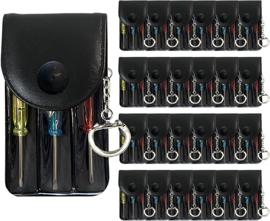 Bulk Pack Mini Screwdriver Keychain Set – 24 Sets of Handy 3-Piece Screwdrivers in a Snap-Closure Pouch with Hook, Perfect for Men, Tool Party Favors, Christmas Gifts, and Birthday Presents