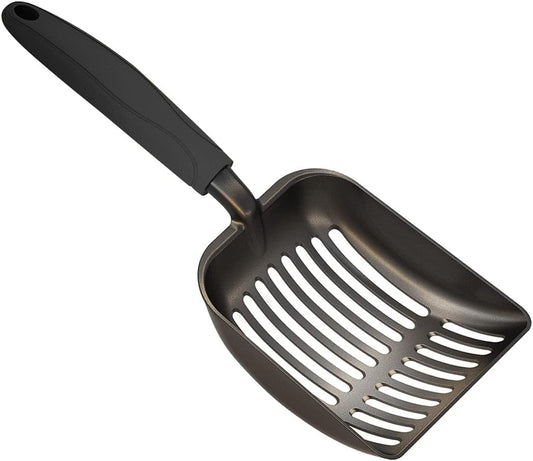 Cat Litter Scoop, Non-Stick Plated Aluminum Alloy Sifter, Kitty Durable Metal Scooper, Deep Shovel, Long Handle, Kitten Pooper Lifter, Size Medium, Coated Black Body with Black Handle