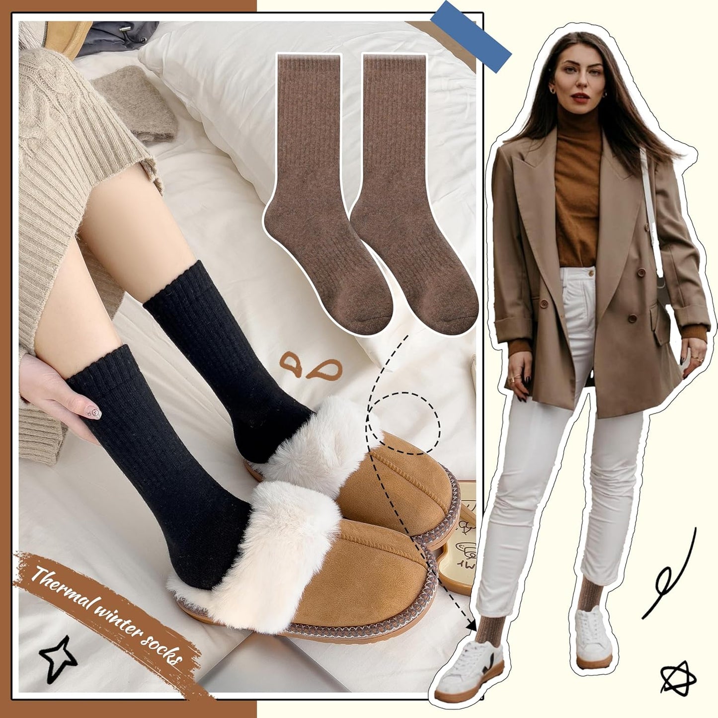 5 Pairs Women Merino Wool Boot Socks Warm Thermal Winter Thick Hiking Cozy Cabin Crew Comfy Socks for Ladies