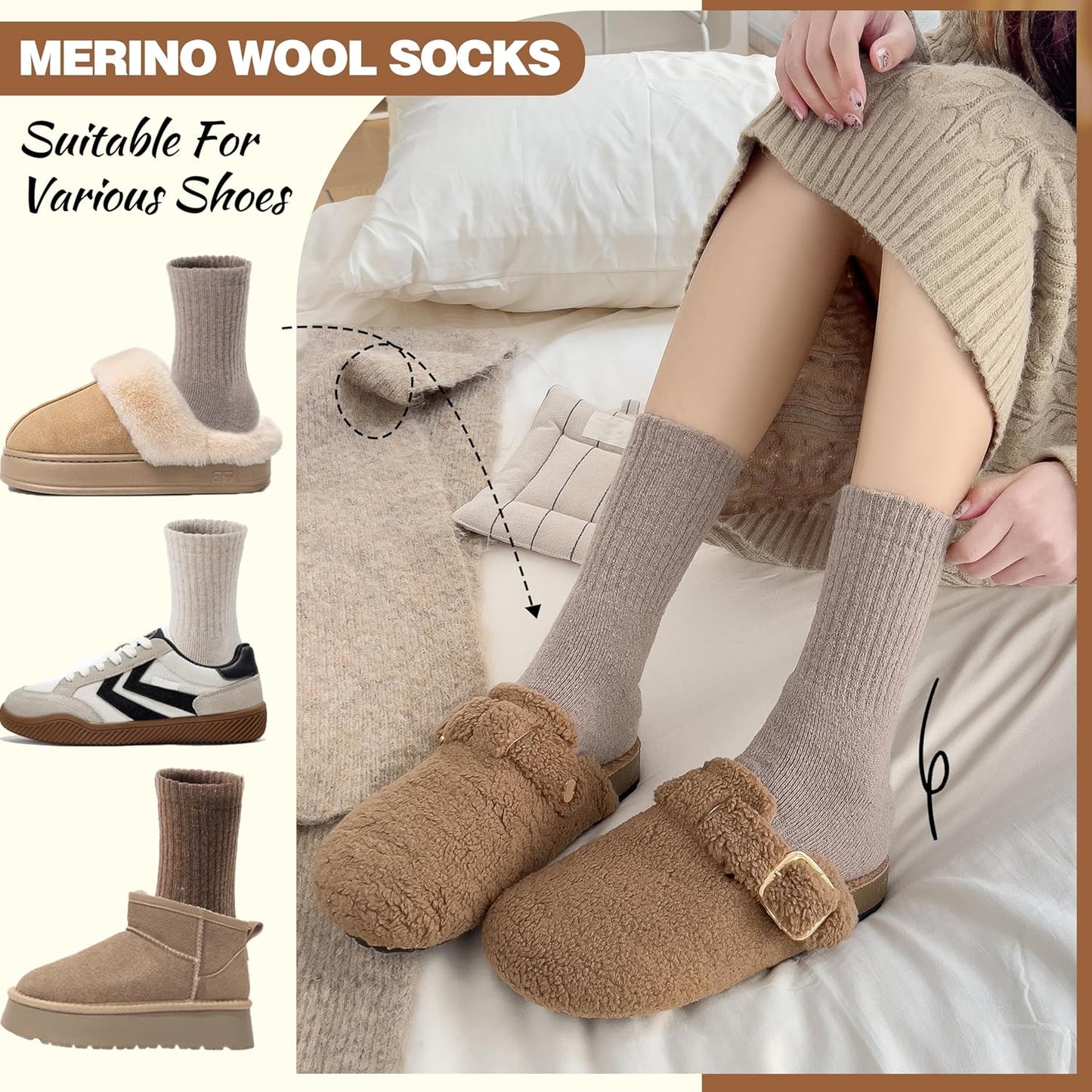 5 Pairs Women Merino Wool Boot Socks Warm Thermal Winter Thick Hiking Cozy Cabin Crew Comfy Socks for Ladies