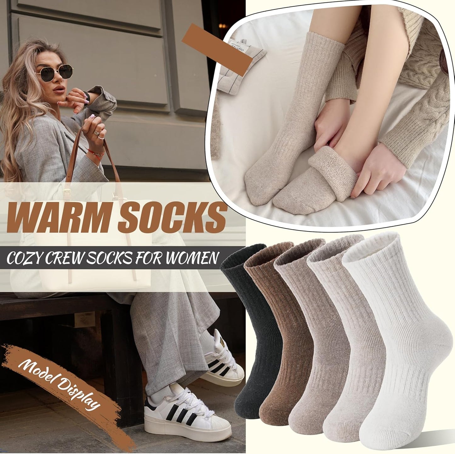 5 Pairs Women Merino Wool Boot Socks Warm Thermal Winter Thick Hiking Cozy Cabin Crew Comfy Socks for Ladies