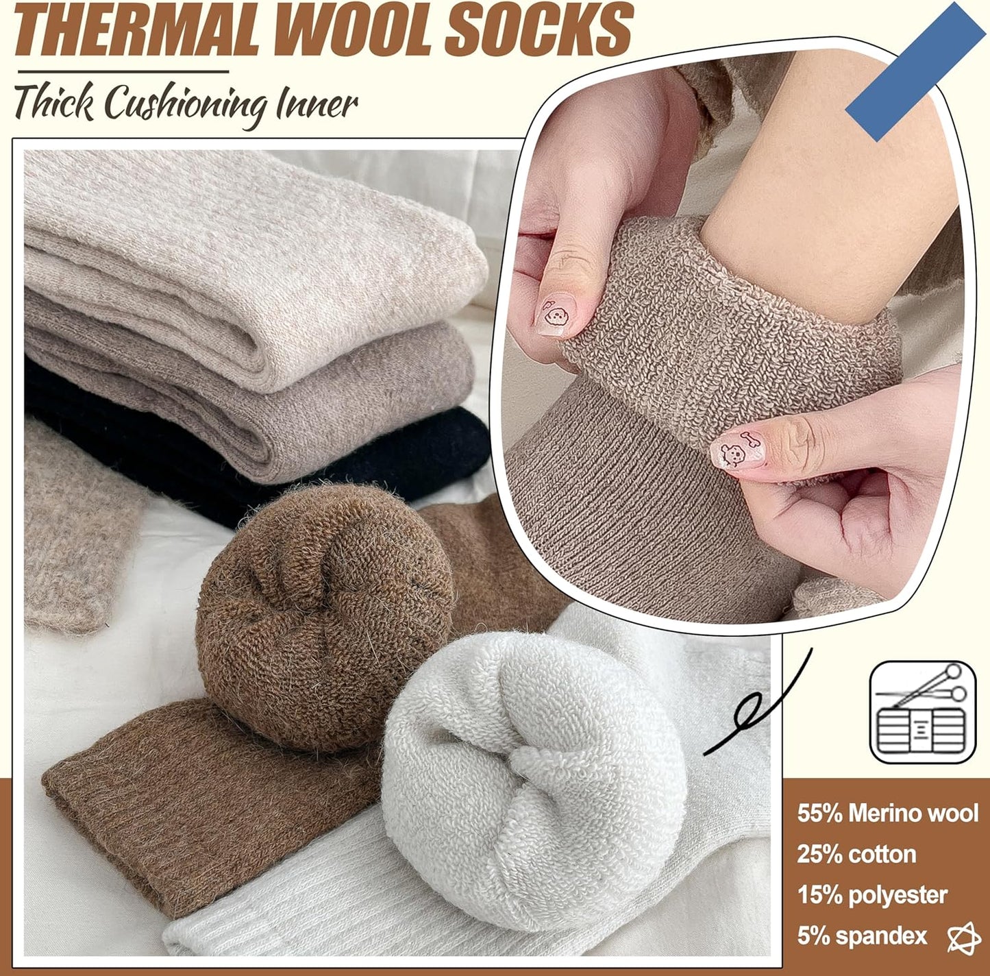 5 Pairs Women Merino Wool Boot Socks Warm Thermal Winter Thick Hiking Cozy Cabin Crew Comfy Socks for Ladies