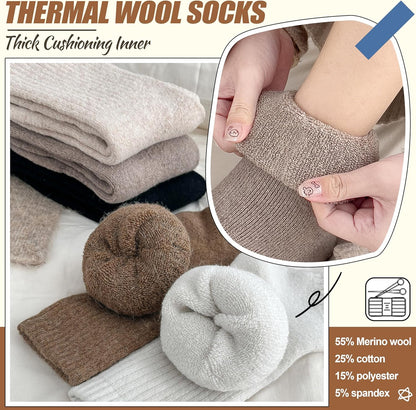 5 Pairs Women Merino Wool Boot Socks Warm Thermal Winter Thick Hiking Cozy Cabin Crew Comfy Socks for Ladies