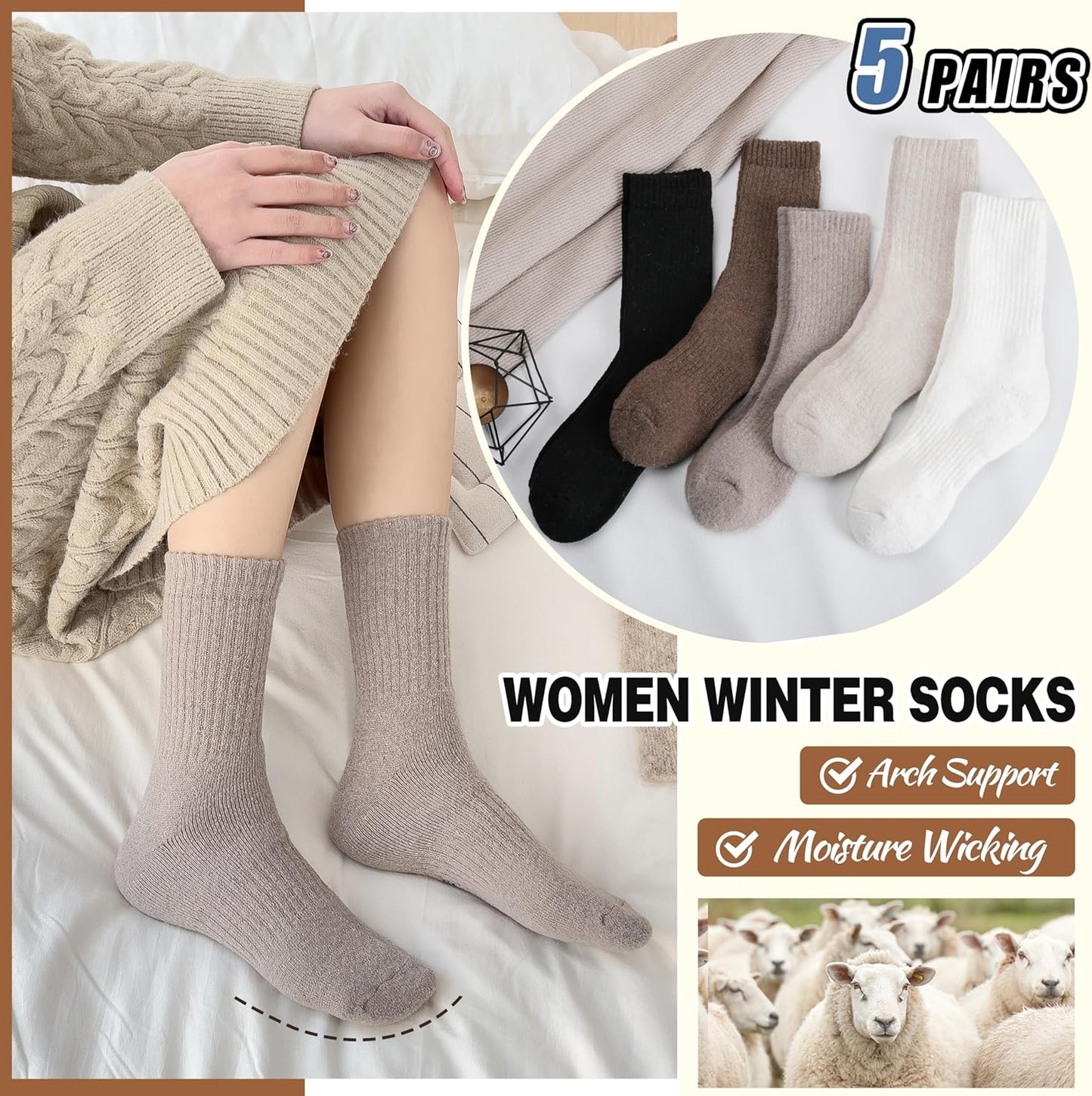 5 Pairs Women Merino Wool Boot Socks Warm Thermal Winter Thick Hiking Cozy Cabin Crew Comfy Socks for Ladies
