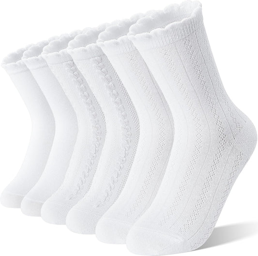 Girls Kids Ruffle Socks Uniform School Dress Crew Cotton Textured Breathable Socks 6 Pairs