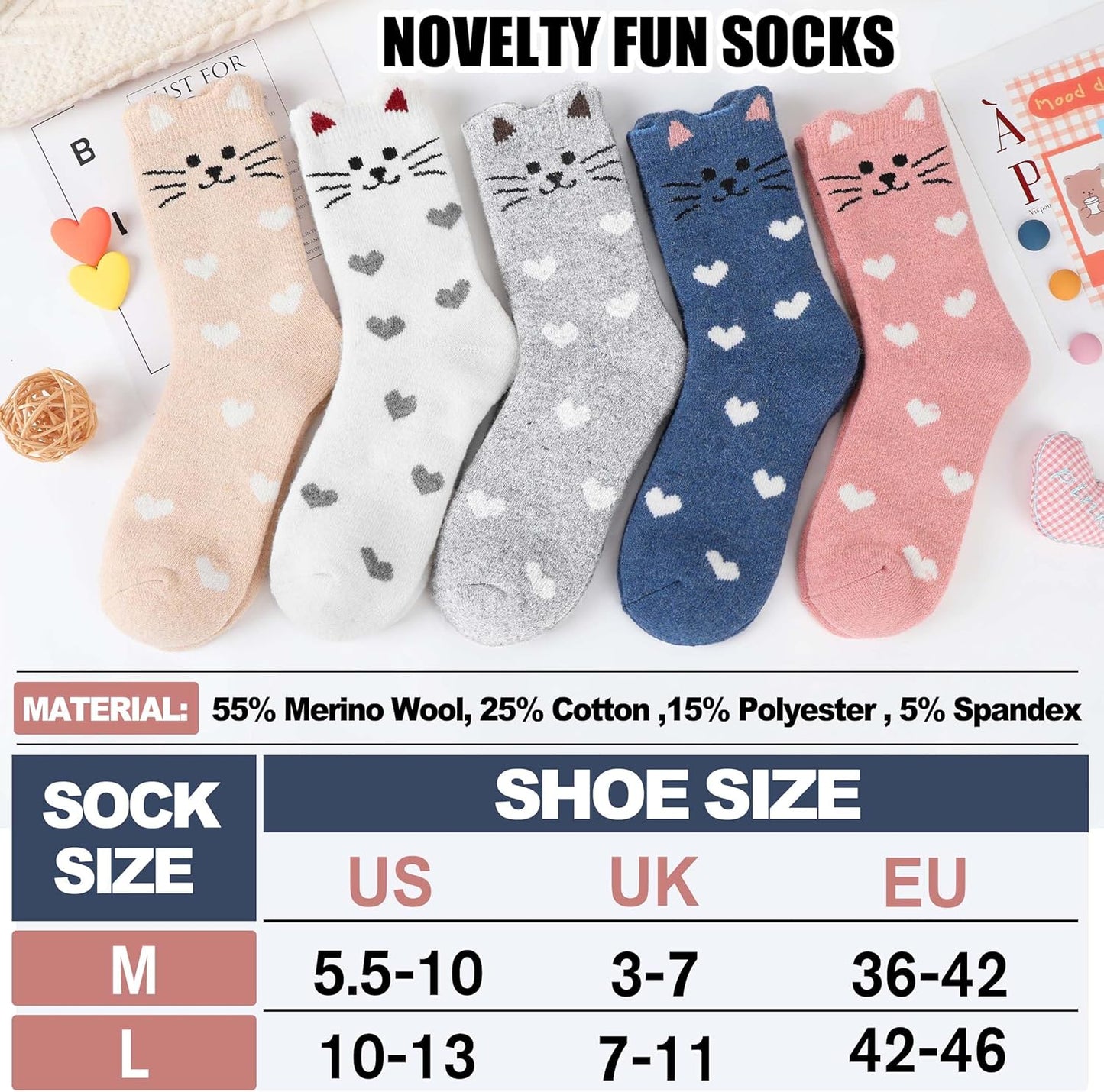 Merino Wool Cat Socks for Women Thermal Winter Warm Thick Cute Fun Cozy Crew Socks 5 Pairs