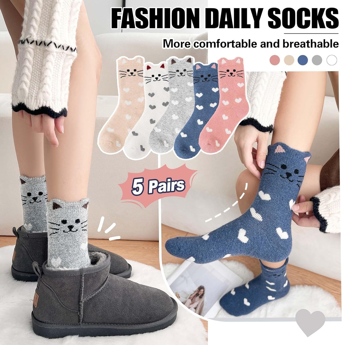 Merino Wool Cat Socks for Women Thermal Winter Warm Thick Cute Fun Cozy Crew Socks 5 Pairs