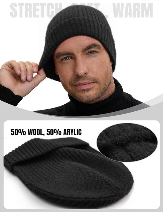 50% Wool Double Cuff Knit Beanie Hat for Men Women, Short Fisherman/Slouchy Warm Winter Skull Cap Trawler Watch Cap