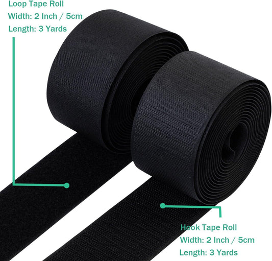 2 Inch Sew on Hook and Loop Strips | Easy to Sew | Excellent Grip | Non-Adhesive Back Nylon Fabric Fastener Strips for Clothing Sewing Crafts and DIY Projects, Black, 2in x 3yd