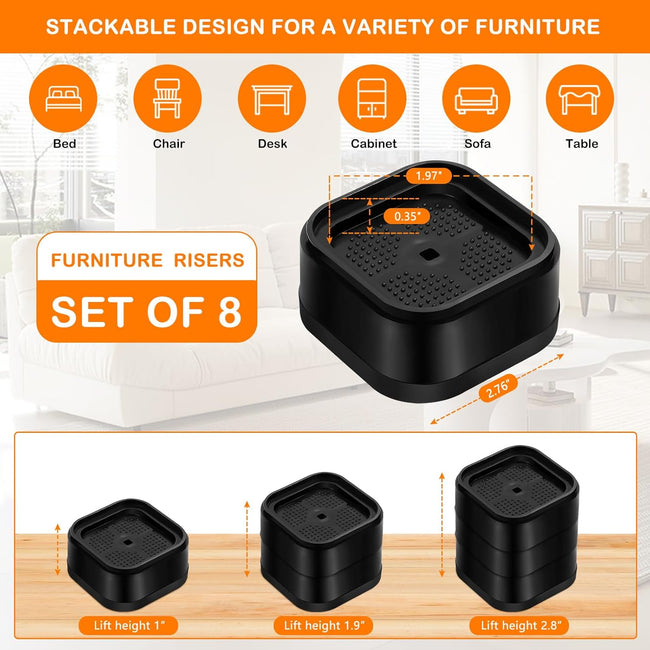 8 Pack Furniture Risers Adjtable Bed Risers Heavy Duty Lifts Height 1", Square Stackable Bed Risers 1, 2 or 3 Inch for Desk Leg Table Couch Sofa Chair Bed Frame Legs Dorm, Black Main Image