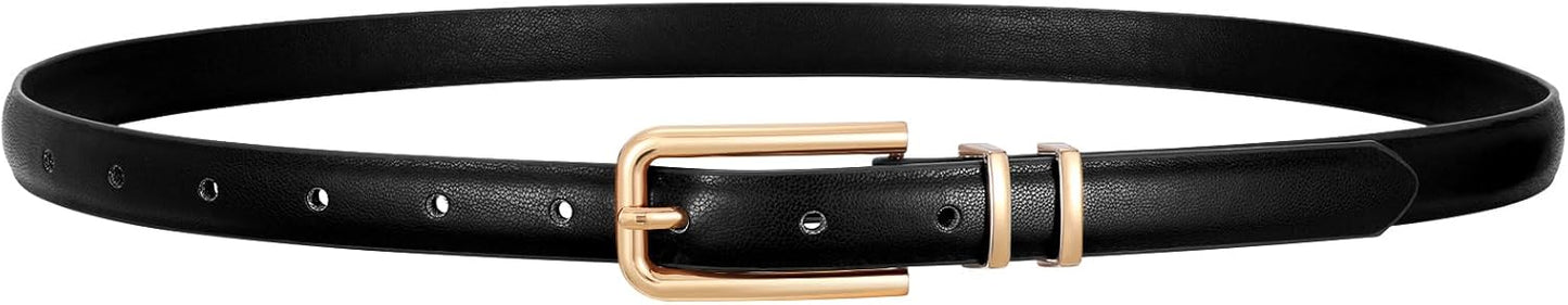 Women Skinny Leather Belt Thin Waist Belt for Women Jeans Dress Fashion Ladies Belt with Gold Buckle