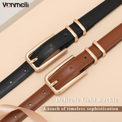 Women Skinny Leather Belt Thin Waist Belt for Women Jeans Dress Fashion Ladies Belt with Gold Buckle
