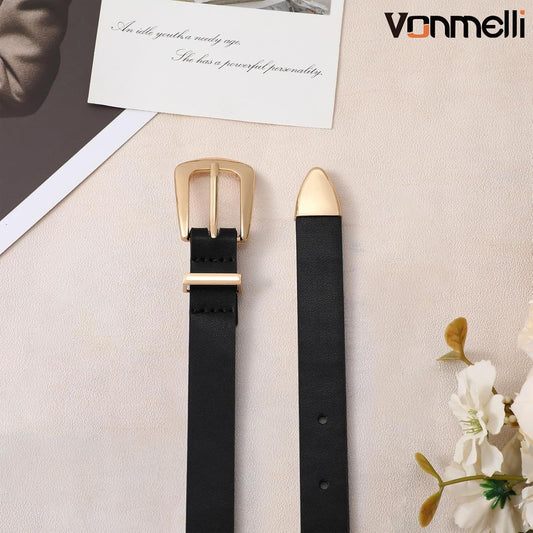 Women Skinny Leather Belt for Jeans Dress Black Thin Waist Belt Ladies Belt with Gold Buckle, M