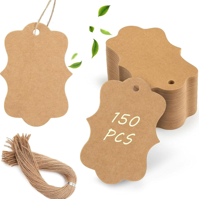 150PCS Brown Paper Kraft Tags,1.9x2.75 inch Scalloped Gift Tags with String for Clothes DIY Crafts Wedding Holiday (Brown) Hover Image