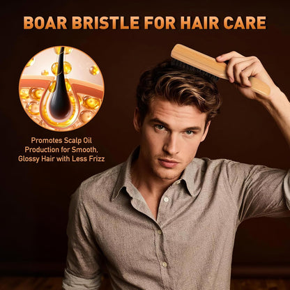 Boar Bristle Hair Brush for Men - Slick Back Hair Brush - Mens Hairbrush with Stiff Bristles & Wooden Handle, for Thick, Fine & Normal Hair Smoothing Styling Adding Shine, Beard Mustache Brush Comb