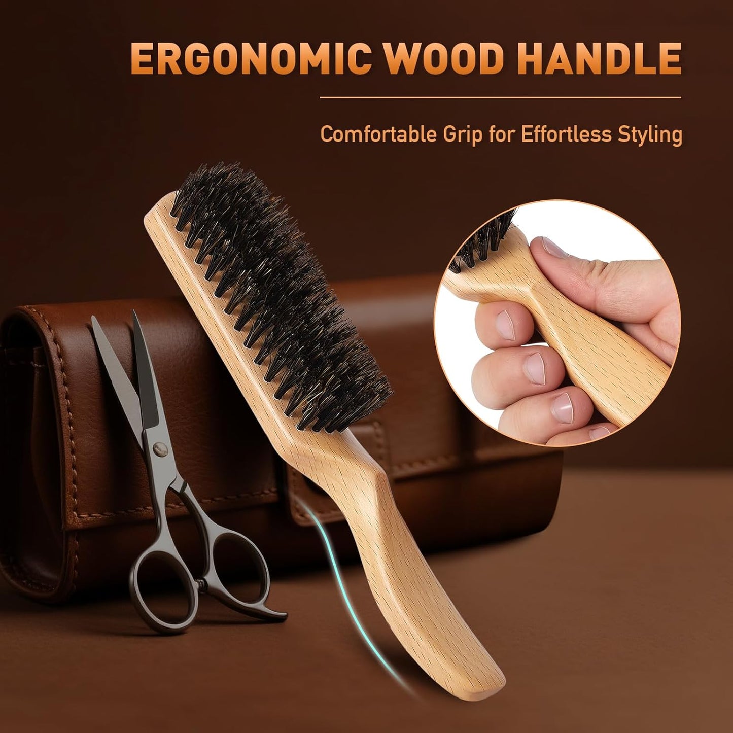 Boar Bristle Hair Brush for Men - Slick Back Hair Brush - Mens Hairbrush with Stiff Bristles & Wooden Handle, for Thick, Fine & Normal Hair Smoothing Styling Adding Shine, Beard Mustache Brush Comb