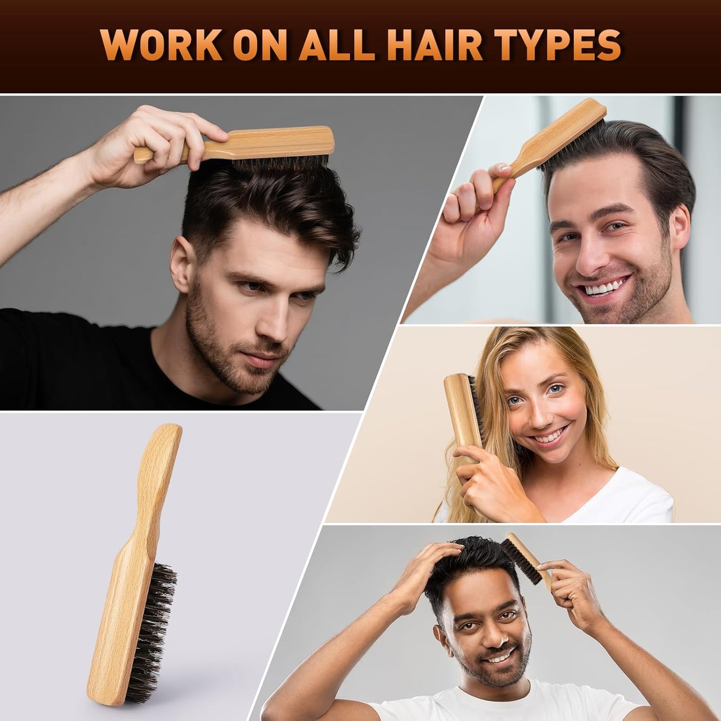 Boar Bristle Hair Brush for Men - Slick Back Hair Brush - Mens Hairbrush with Stiff Bristles & Wooden Handle, for Thick, Fine & Normal Hair Smoothing Styling Adding Shine, Beard Mustache Brush Comb