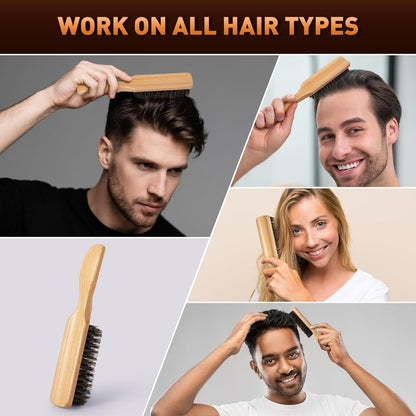 Boar Bristle Hair Brush for Men - Slick Back Hair Brush - Mens Hairbrush with Stiff Bristles & Wooden Handle, for Thick, Fine & Normal Hair Smoothing Styling Adding Shine, Beard Mustache Brush Comb
