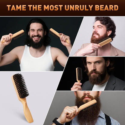 Boar Bristle Hair Brush for Men - Slick Back Hair Brush - Mens Hairbrush with Stiff Bristles & Wooden Handle, for Thick, Fine & Normal Hair Smoothing Styling Adding Shine, Beard Mustache Brush Comb