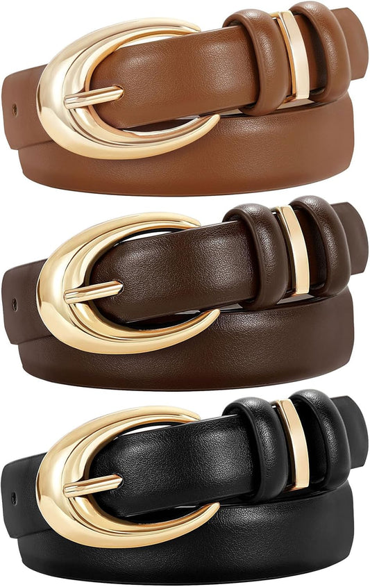 3 Pack Women Leather Belt for Jeans Pants Fashion Ladies Faux Leather Belt with Gold Buckle